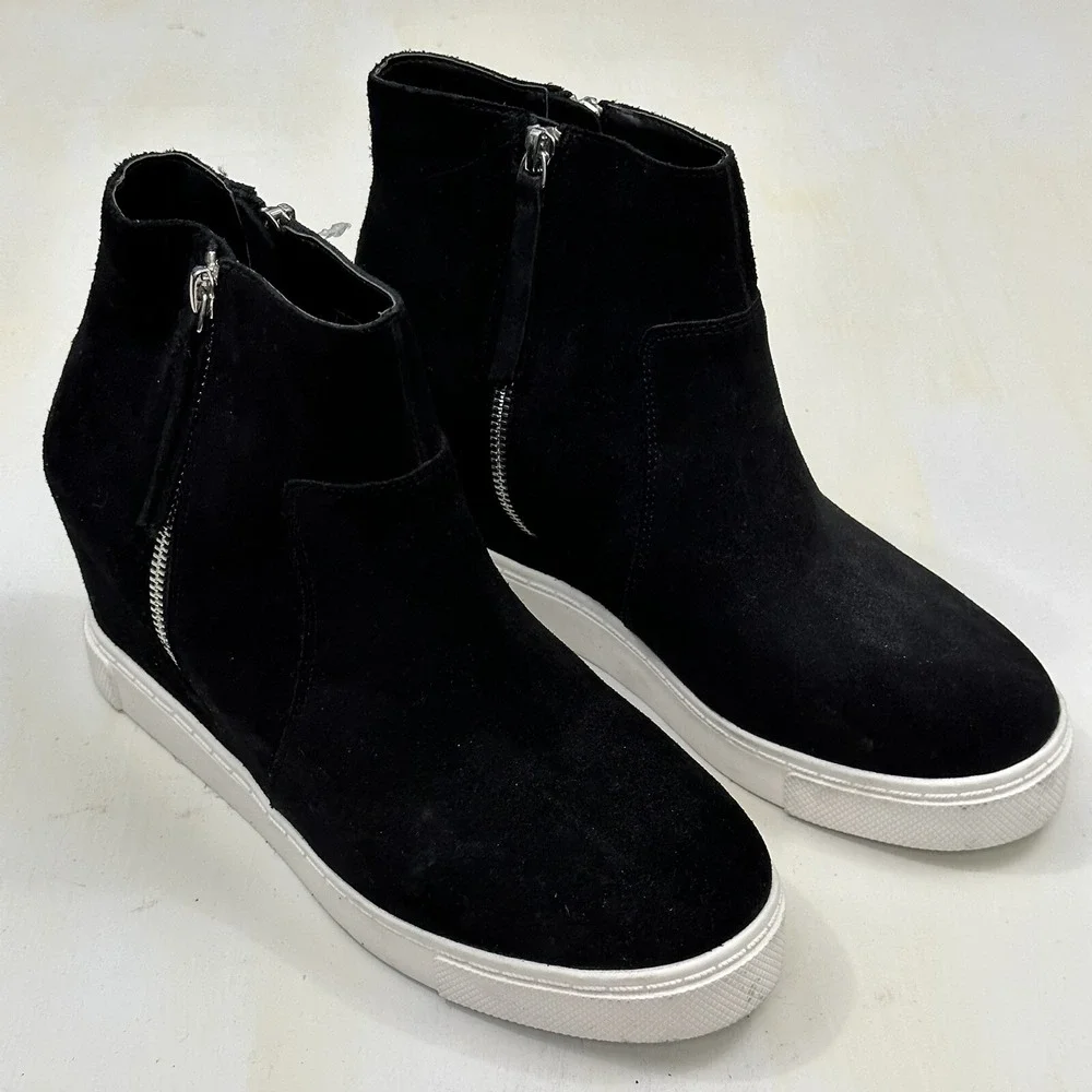 New Steve Madden Saidi Zip Up Boots‎ Women 9.5 Black Suede Platform Shoes Wedge